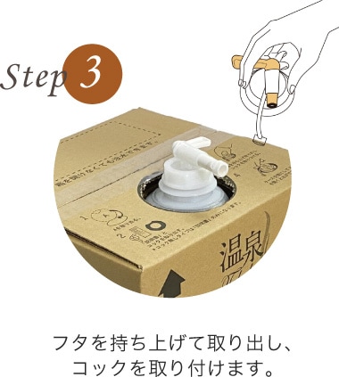 蓋を持ち上げて取り出し、コックを取り付けます。